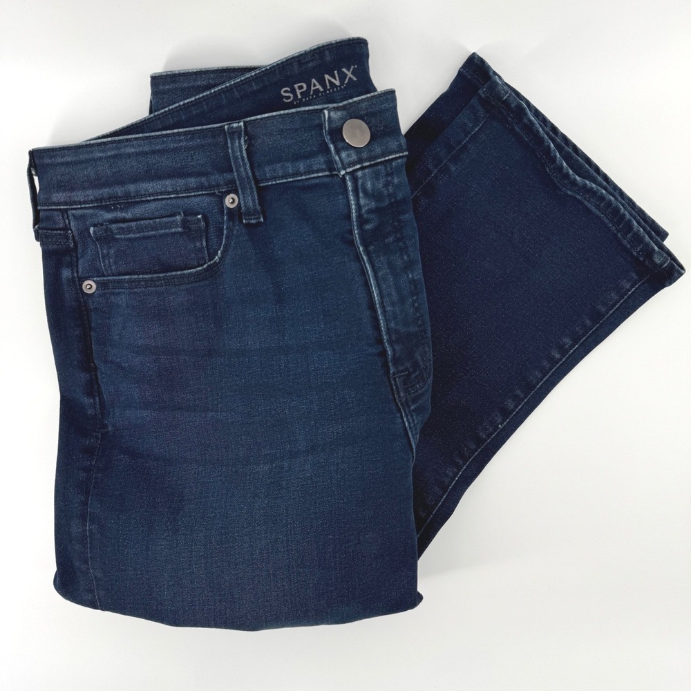 Spanx 5-Pocket Straight Jeans Womens Sz 32 Dark‎ Wash Indigo Stretch Denim Pants